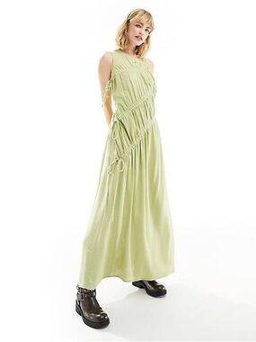 ASOS DESIGN sleeveless sage green ruched maxi dress in linen | size 2